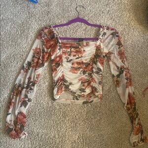 🌸 Sheer Floral Ruched Long-Sleeve Top